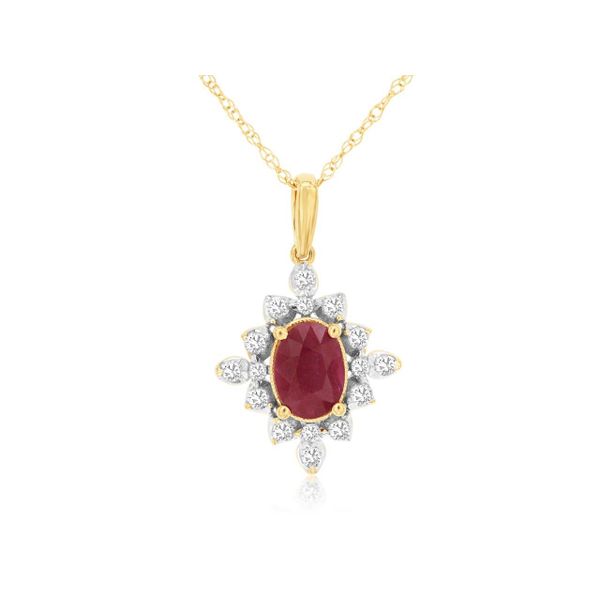 14K Yellow Gold Ruby and Diamond Pendant with Complimentary 18 inch Chain Les Olson Jewelers Palm Harbor, FL