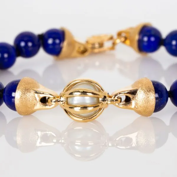 Men's 14K Yellow Gold Blue Lapis Bracelet with Baroque Pearl in Cage Image 2 Les Olson Jewelers Palm Harbor, FL