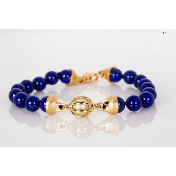 Men's 14K Yellow Gold Blue Lapis Bracelet with Baroque Pearl in Cage Les Olson Jewelers Palm Harbor, FL