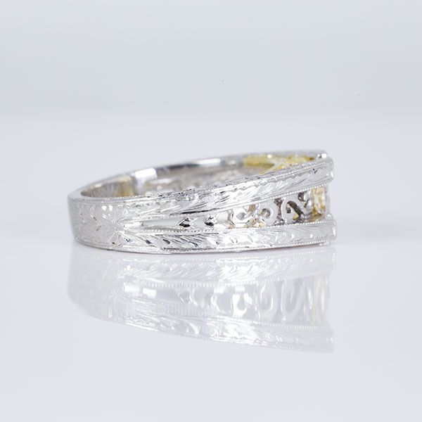Platinum and 18K Yellow Gold Hand Carved Solitaire Engagement Ring Image 2 Les Olson Jewelers Palm Harbor, FL