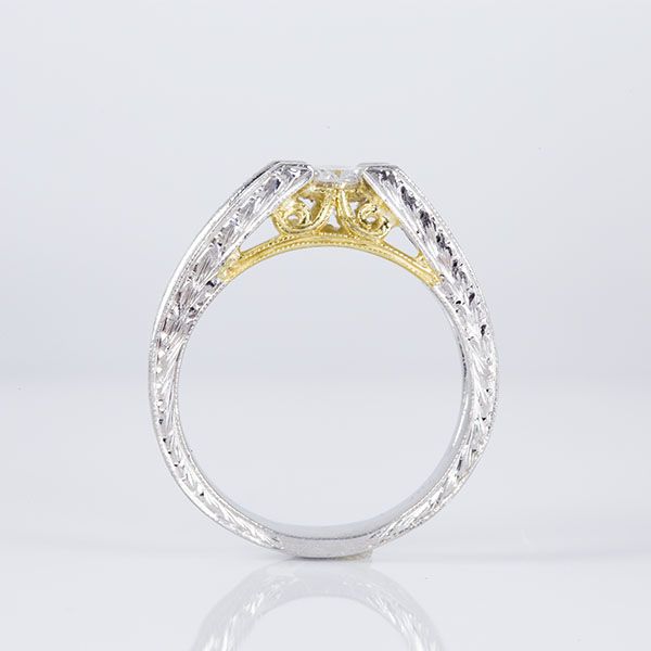 Platinum and 18K Yellow Gold Hand Carved Solitaire Engagement Ring Image 3 Les Olson Jewelers Palm Harbor, FL