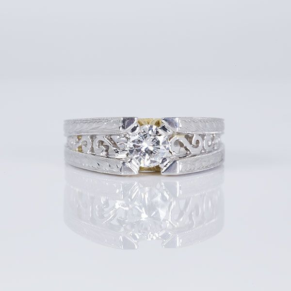 Platinum and 18K Yellow Gold Hand Carved Solitaire Engagement Ring Les Olson Jewelers Palm Harbor, FL