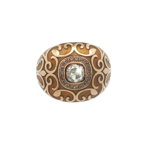 GOLDEN ENAMEL RING WITH A GOLD SWIRL DESIGN, AND AN  0.72CT OLD MINE CUT DIAMOND Lester Martin Dresher, PA