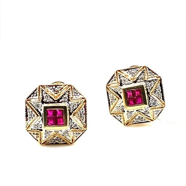 0.10CT DIA AND RUBY CONTEMPORARY OCTAGON CLUSTER OMEGABACK EARRINGS Lester Martin Dresher, PA