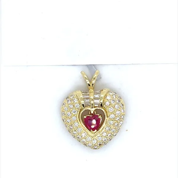 0.77CT HEART RUBY PENDANT SURROUNDED BY 1.29CTW ROUND AND BAGUETTE DIAMONDS Lester Martin Dresher, PA