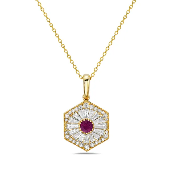 0.20CT RUBY HEXAGON PENDANT WITH 0.33TW BAGUETTE AND ROUND DIAMONDS Lester Martin Dresher, PA