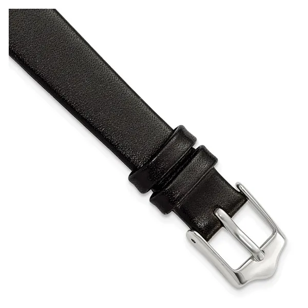 12MM FLAT BLACK LEATHER SILVER-TONE BUCKLE WATCH BAND