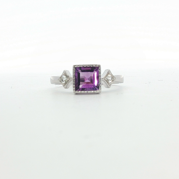 0.85CT AMETHYST RING IN A PRINCESS CUT WITH 0.076CT TW WHITE TOPAZ ACCENTS SET IN STERLING SILVER Lester Martin Dresher, PA
