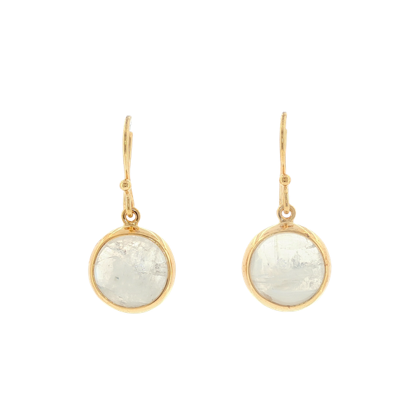 RAINBOW MOONSTONE STERLING SILVER WITH 14K YELLOW VERMEIL ROUND BEZEL EARRINGS Lester Martin Dresher, PA