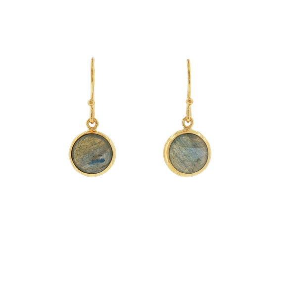 LABRODORITE AND YELLOW VERMEIL STERLING SILVER BEZEL SET DANGLE FISH HOOK EARRINGS Lester Martin Dresher, PA
