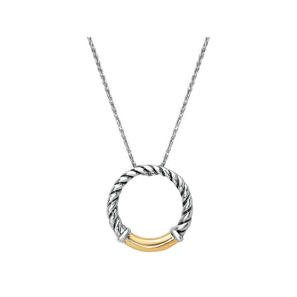 STERLING SILVER AND 18K YELLOW GOLD OPEN CIRCLE SWIRL PENDANT ON AN 18
