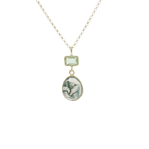 STERLING SILVER 18K YELLOW GOLD VERMEIL GEOMETRIC MOSS APATITE,AND PRESIOLITE PENDANT Lester Martin Dresher, PA