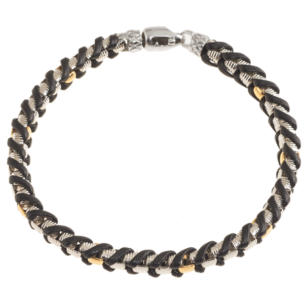 STERLING SILVER AND 18K YELLOW GOLD MEN'S TEXTURED BOX BRACELET WOVEN WITH BLACK LEATHER, Lester Martin Dresher, PA