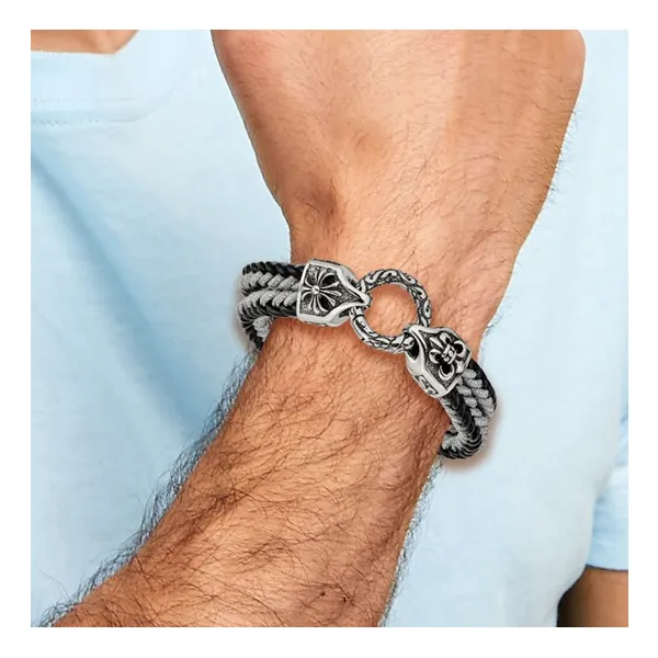 STAINLESS STEEL ANTIQUED AND BRUSHED COMPASS NAVY BLUE BRAIDED  BRACELET Image 2 Lester Martin Dresher, PA