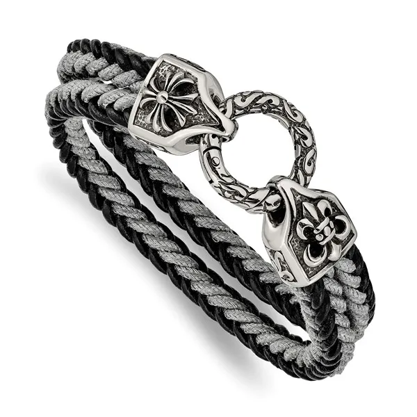 STAINLESS STEEL ANTIQUED AND BRUSHED COMPASS NAVY BLUE BRAIDED  BRACELET Lester Martin Dresher, PA