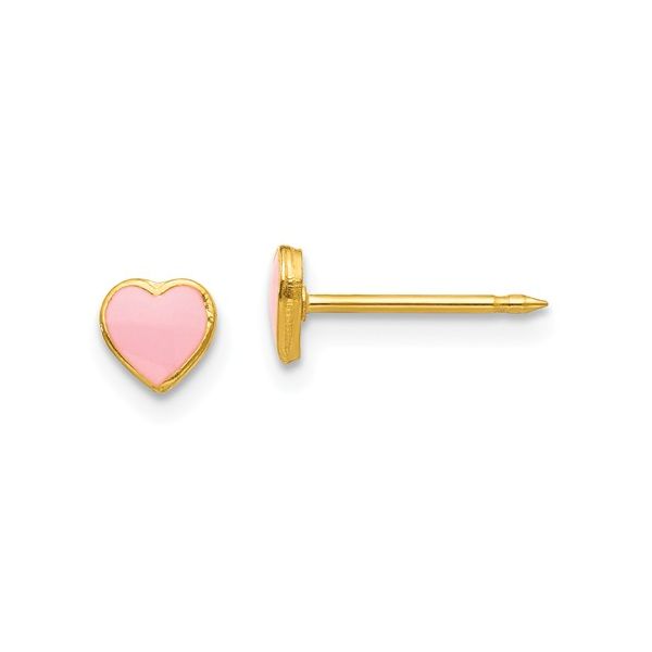 24K YELLOW GOLD PLATED PINK ENAMEL HEART PIERCING EARRINGS Lester Martin Dresher, PA
