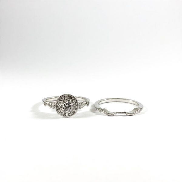 Diamond and White Gold Engagement Ring with Matching Curved Milgrain Band - H Color VS Clarity Lumina Gem Wilmington, NC