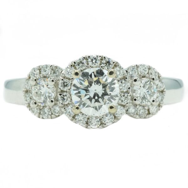 Three Stone Diamond Engagement Ring with Halos in White Gold Lumina Gem Wilmington, NC