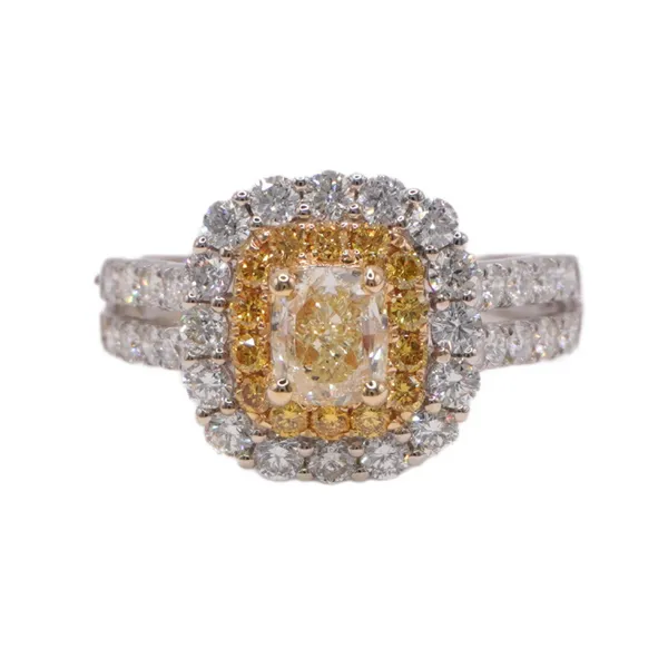 1ct Cushion Cut Yellow Diamond Ring with a .32ctw Yellow Diamond, 1.06ctw Diamond, and 14k Two Tone Gold Setting Lumina Gem Hampstead, NC