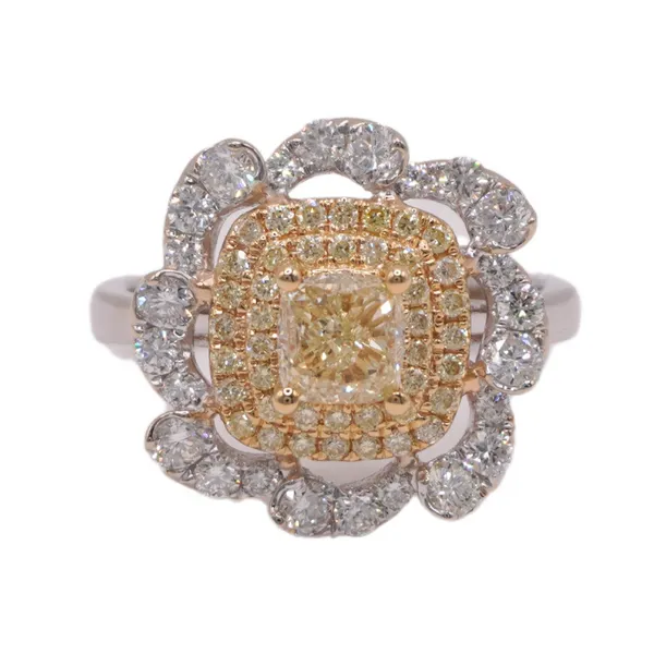 1ct Fancy Yellow Cushion Diamond in a 1.07ctw Diamond and 14k Two Tone Gold Setting Lumina Gem Hampstead, NC