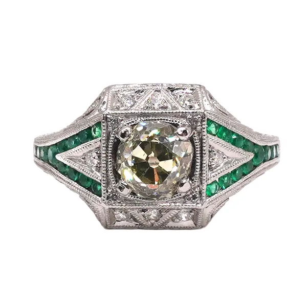 Approximately 1ct European Cut Diamond with Emerald and Diamond Ring Lumina Gem Hampstead, NC