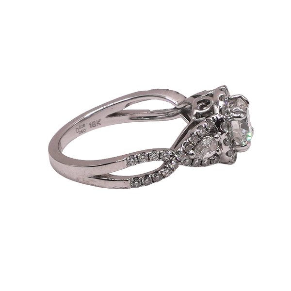 Round Diamond Ring with a Halo Twisted Setting and Pear Shaped Side Diamonds Image 2 Lumina Gem Wilmington, NC