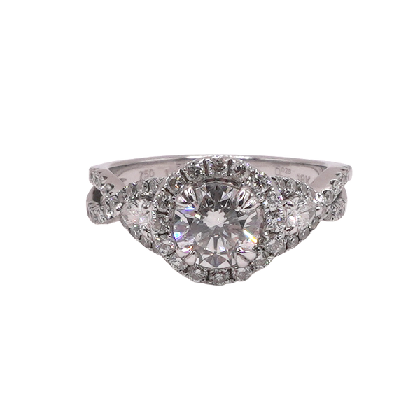 Round Diamond Ring with a Halo Twisted Setting and Pear Shaped Side Diamonds Lumina Gem Wilmington, NC