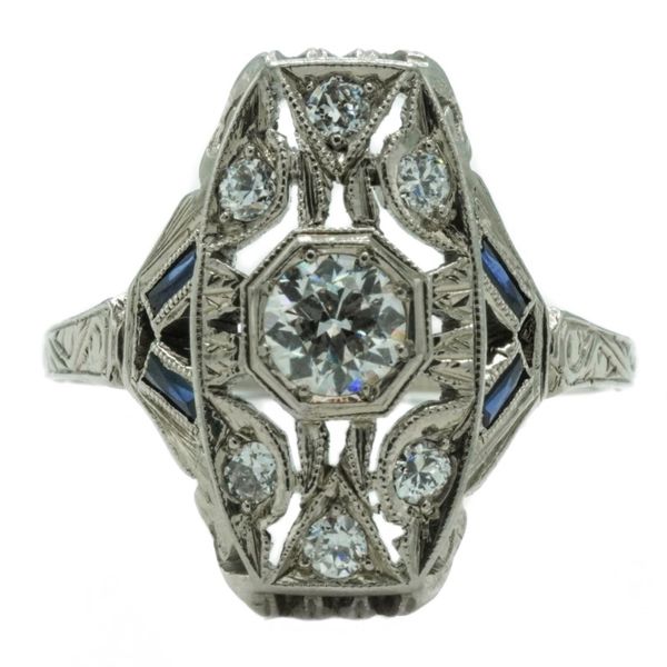 .70ctw Diamond Vintage Ring with Sapphire Accents - 10k White Gold Lumina Gem Wilmington, NC