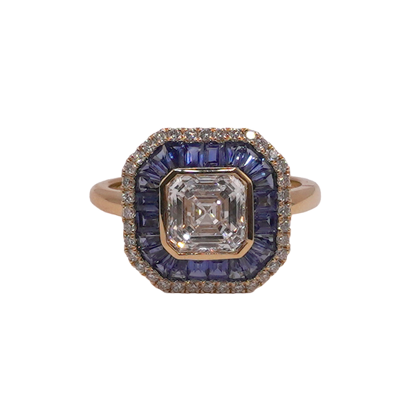 Asscher Cut Lab Grown Diamond and Sapphire Ring- 14 Yellow Gold Lumina Gem Wilmington, NC