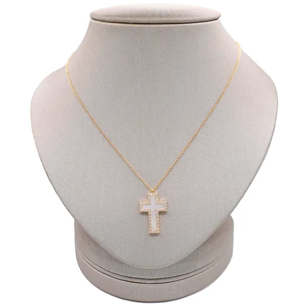 Mother of Pearl and Diamond Cross Necklace- 14k Yellow Gold Lumina Gem Hampstead, NC