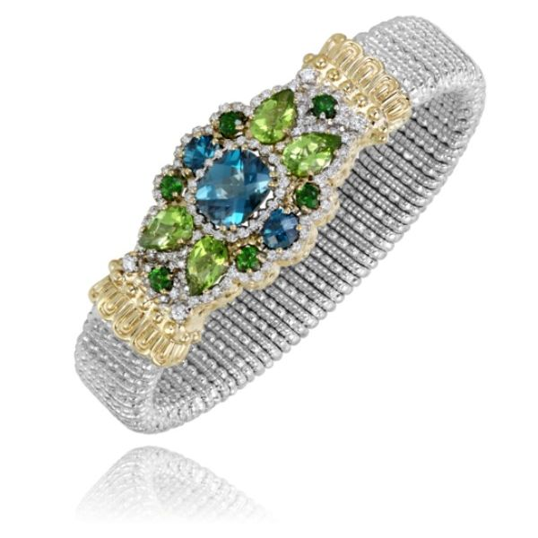 Alwand Vahan 12mm .59ctw Diamond, London Blue Topaz, Chrome Diopside, and Peridot Bangle in Sterling Silver and Yellow Gold Lumina Gem Wilmington, NC