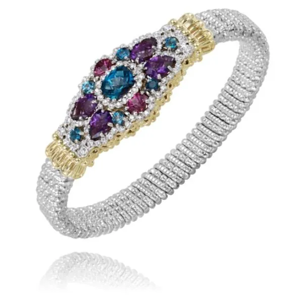 Alwand Vahan .47ctw Diamond, Amethyst, London Blue Topaz, and Rhodolite Garnet Bangle in Sterling Silver and Yellow Gold Lumina Gem Wilmington, NC