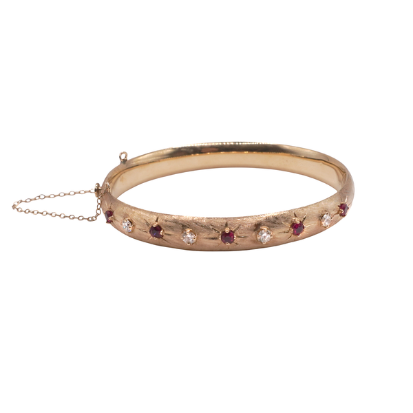 Diamond and Ruby Hinged Bangle- 14k Yellow Gold Lumina Gem Wilmington, NC
