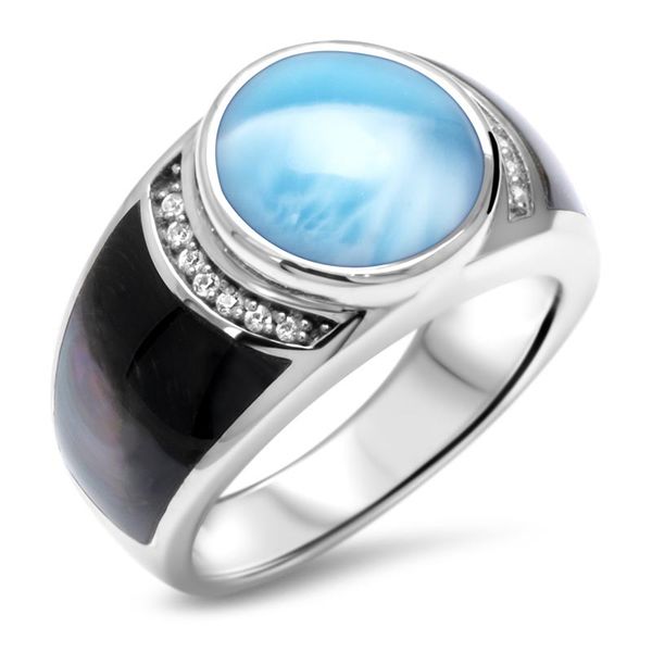 Marahlago Larimar Laguna Ring with Black Mother of Pearl and White Sapphire Lumina Gem Wilmington, NC