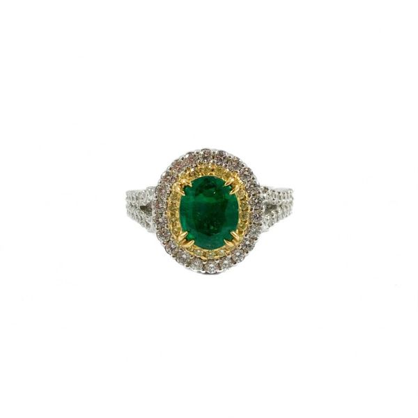1.60ct Oval Emerald, .19ctw Yellow Diamond, and .85ctw Diamond Ring - 18k Two Tone Gold Lumina Gem Wilmington, NC