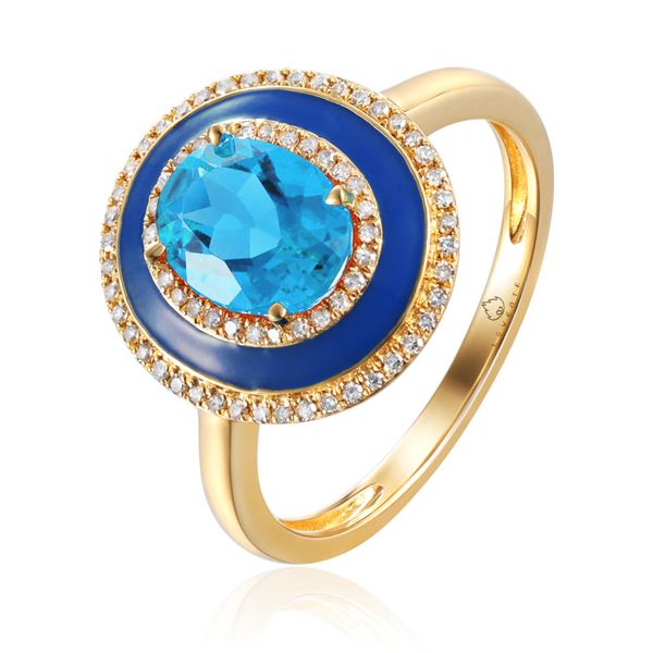 Luvente Oval Blue Topaz and Navy Enamel Ring with .15ctw Diamonds- 14k Yellow Gold Lumina Gem Wilmington, NC