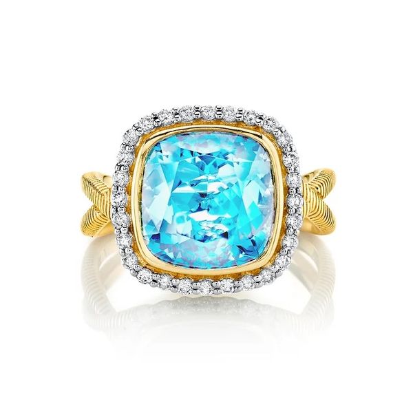Sloane Street Sky Blue Topaz Ring with White Diamond Halo 18k yellow gold Lumina Gem Wilmington, NC