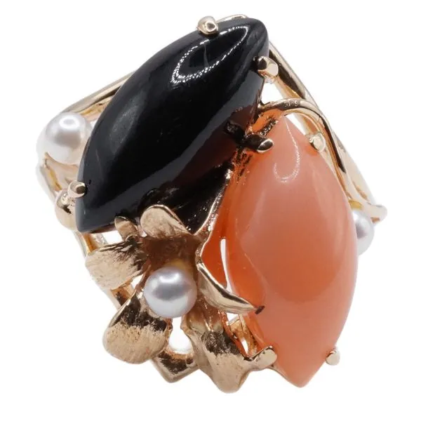 Coral and Onyx Ring with Pearl Accents in 14k Yellow Gold Lumina Gem Wilmington, NC