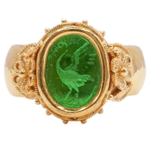 Green Glass Intaglio and 22k Yellow Gold Ring Lumina Gem Wilmington, NC
