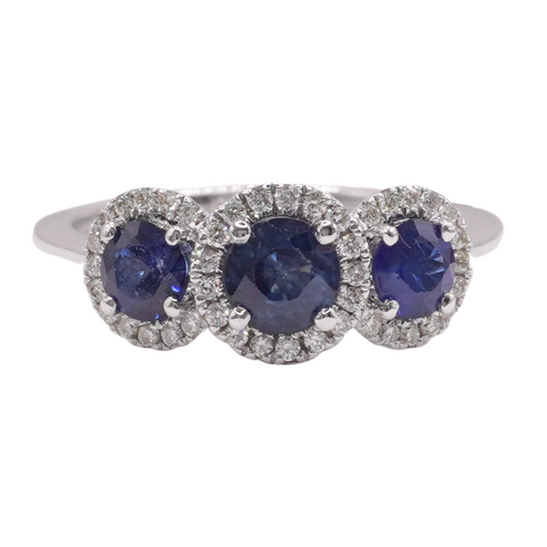 Sapphire 3 Stone Ring with Diamond Halos Lumina Gem Wilmington, NC