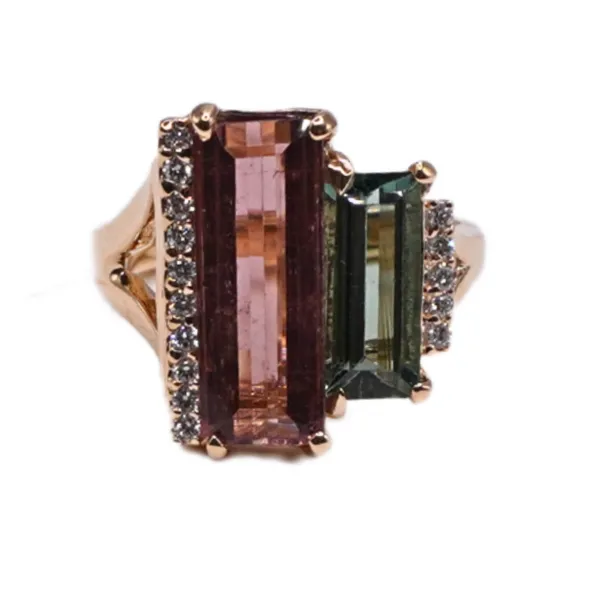 Frank Reubel Pink and Green Tourmaline Ring- 14k Yellow Gold Lumina Gem Hampstead, NC