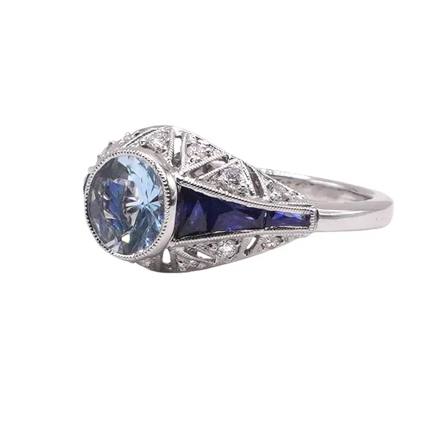 .83ct Aquamarine and Diamond and Sapphire Vintage Inspired Ring- 14k White Gold Image 2 Lumina Gem Hampstead, NC