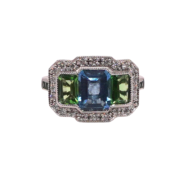 Aquamarine and Tsavorite Ring with Diamond Accents- 14k White Gold Lumina Gem Wilmington, NC
