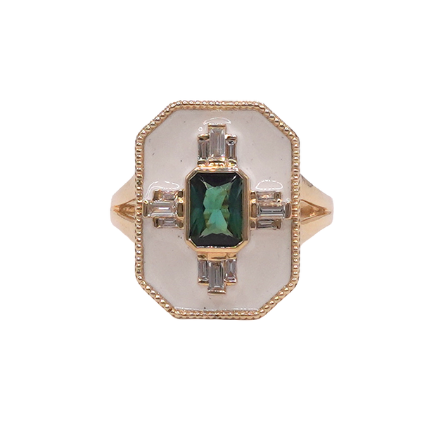 Tourmaline, Diamond, and White Enamel Ring- 14k Yellow Gold Lumina Gem Wilmington, NC