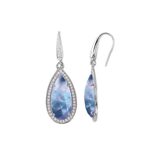 Charles Garnier Lapis, Mother of Pearl, and Quartz Triplet Earrings with CZ Halo Lumina Gem Wilmington, NC