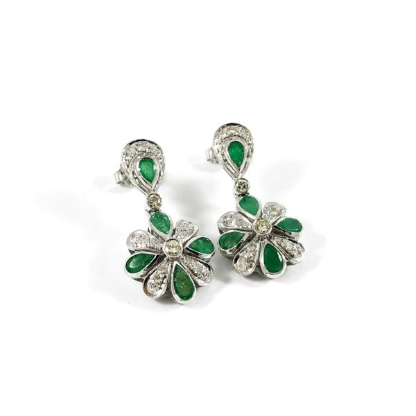 Emerald and Diamond Flower Dangle Earrings Lumina Gem Wilmington, NC