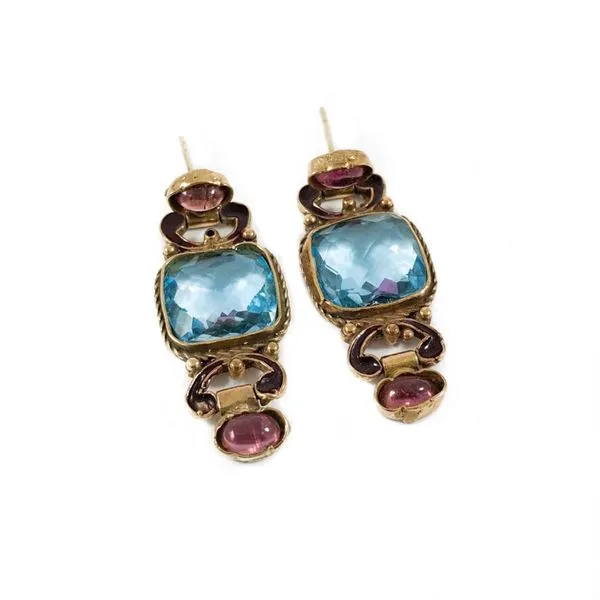 Blue Topaz and Pink Tourmaline Earrings - Yellow Gold Lumina Gem Wilmington, NC