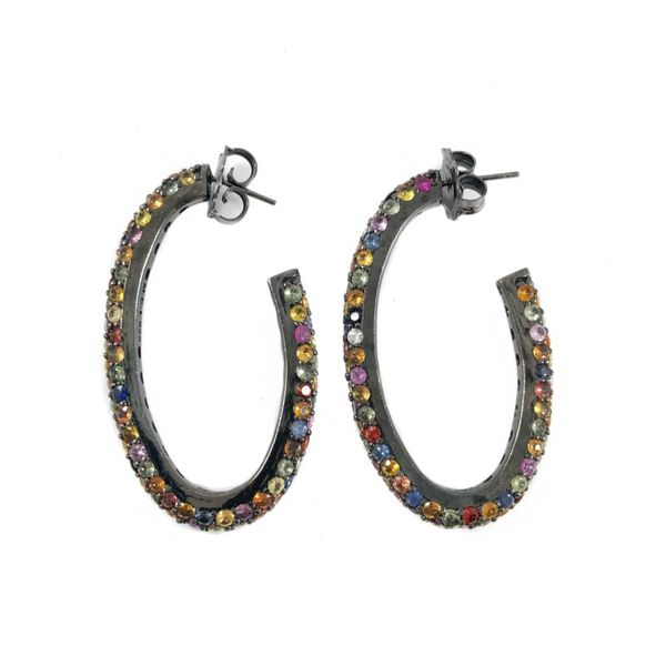 Matthew Campbell Multi Color Sapphire Hoops in Black Rhodium Plated Sterling Silver Image 2 Lumina Gem Wilmington, NC