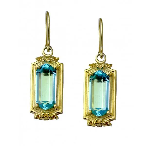 Raymond Mazza Biltmore Collection Gold Legacy Chandelier Earrings with Fancy Cut Blue Topaz Lumina Gem Wilmington, NC