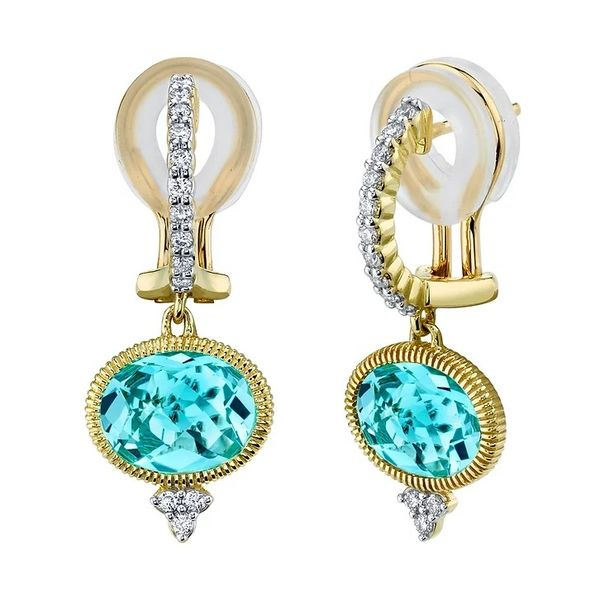 Sloane Street Sky Blue Topaz Dangle Omega Back Earrings with .20ctw Diamonds - Yellow Gold Lumina Gem Wilmington, NC